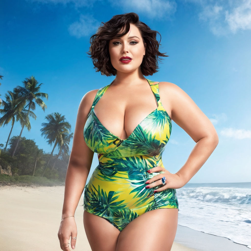 Two fat women one in a one-piece blue swimsuit with shorts and with  high-waist shorts and a swim bra at the pool