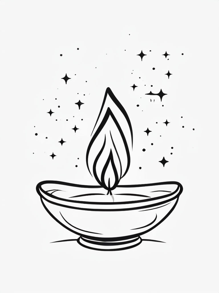 Simple Line Drawing of Traditional Diya Lamp for Coloring Book Pages