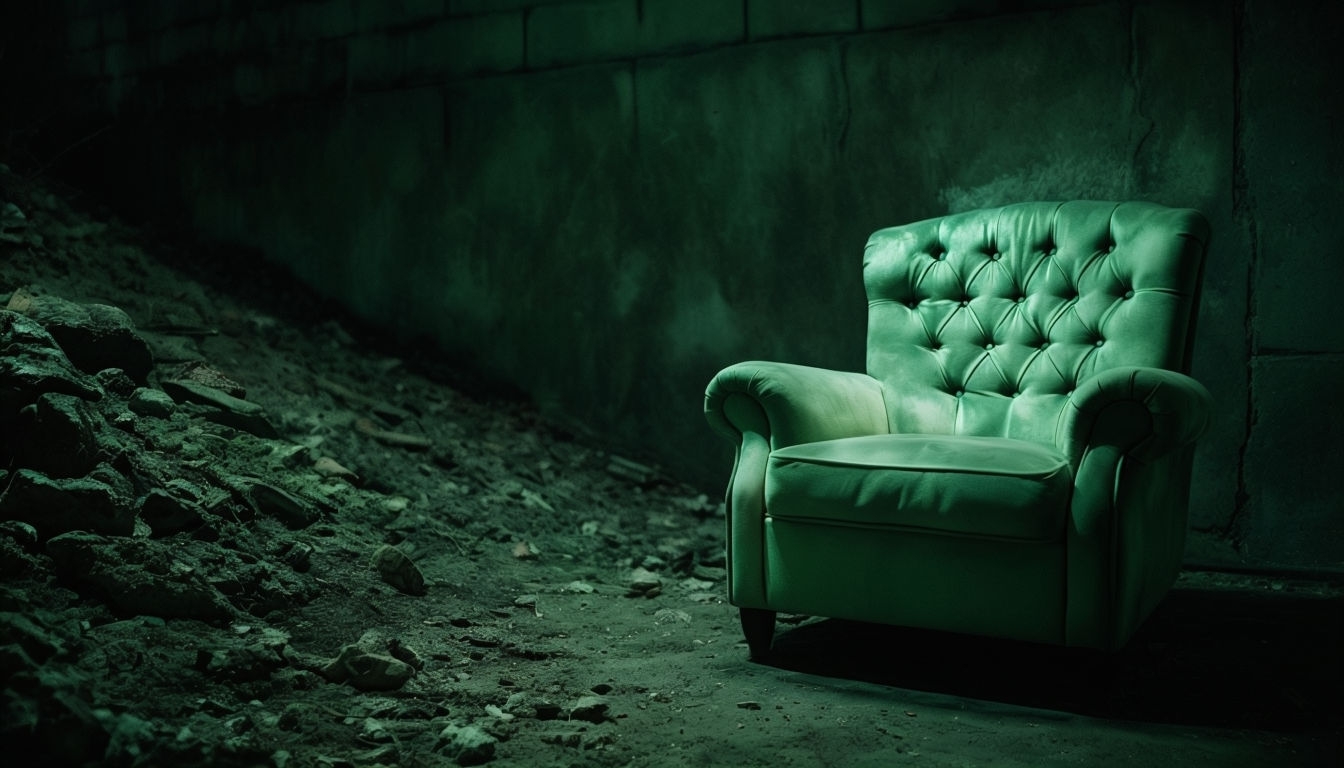 Eerie Dimly Lit Room with Mint Green Armchair Background