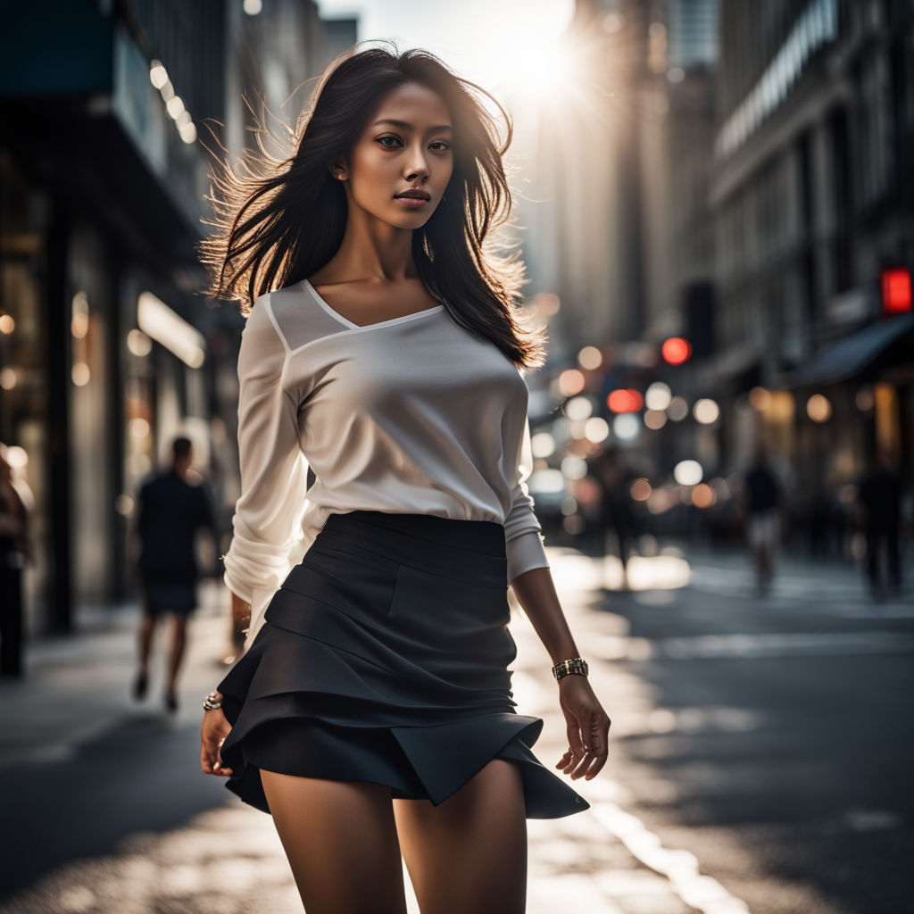 a woman in a mini skirt with toned legs walking confidently; happy face;  hot asian lady