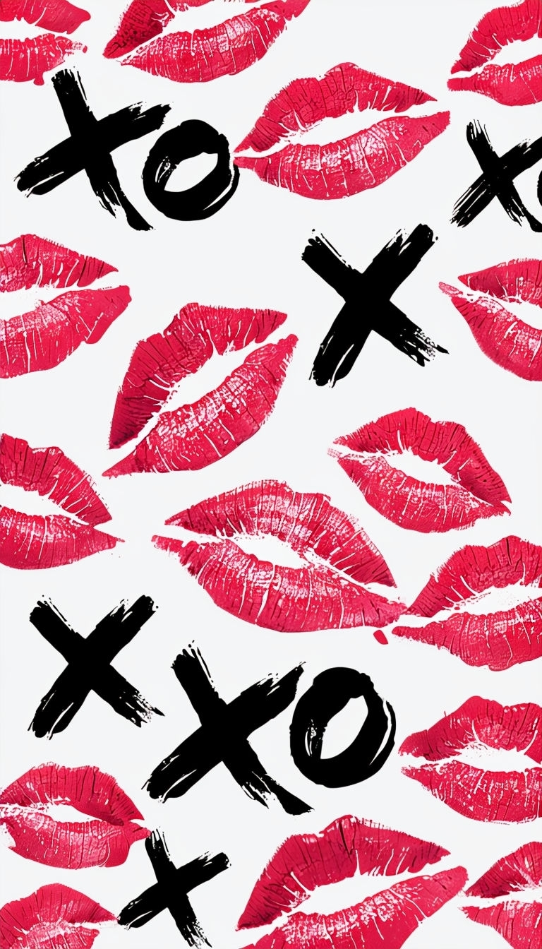 Playful Red Lipstick Kiss Marks and XO Pattern Mobile Wallpaper