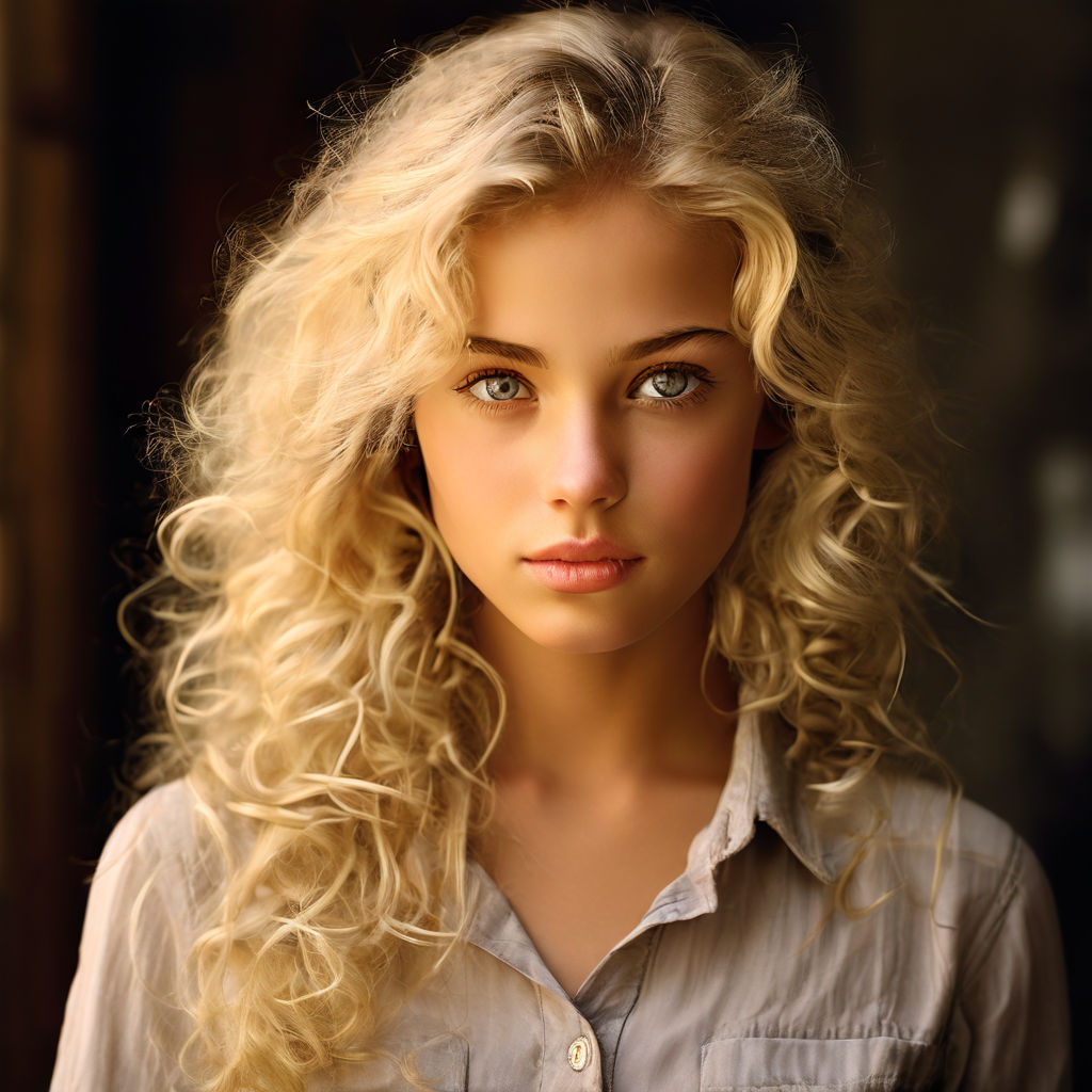 with beautiful eyes and full blonde curly hair