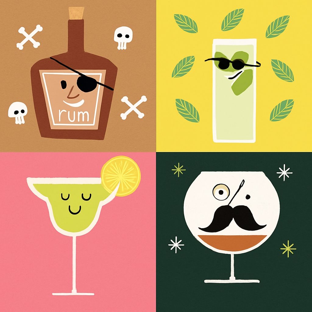Playful Cartoon Drink Characters in Vibrant Quadrants Pattern
