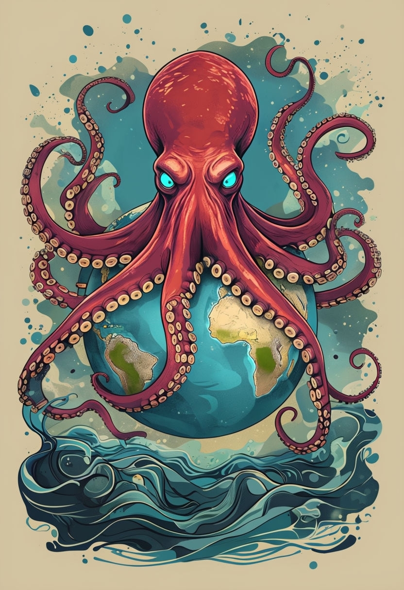 Vivid Red Octopus with Globe Surrealistic Cartoon Art