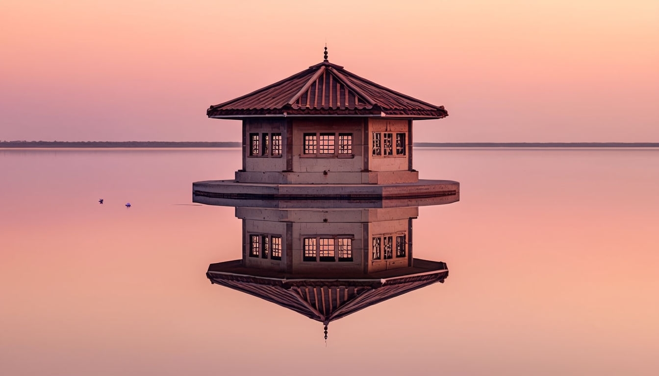 Tranquil Octagonal Structure Reflection in Serene Water Virtual Backgrounds