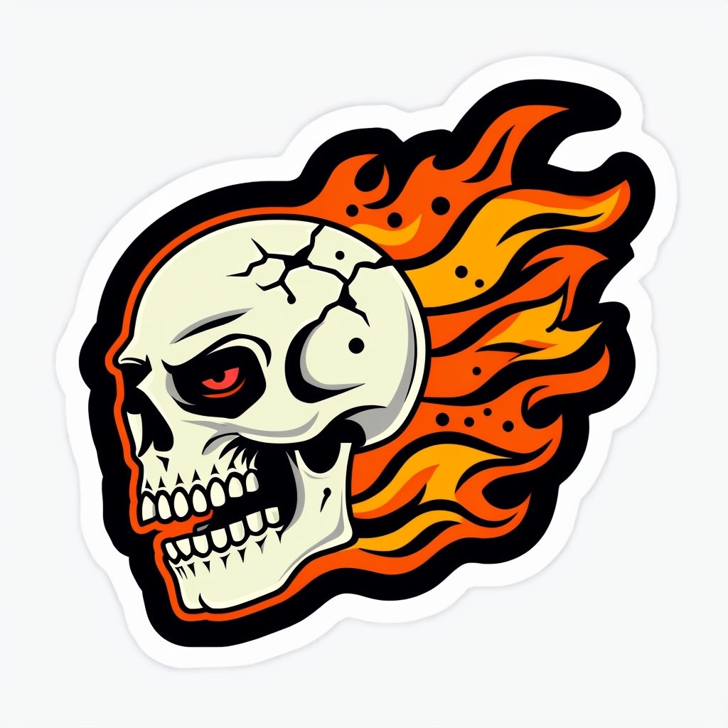 Fiery Cartoon Skull Illustration with Intense Expression Sticker