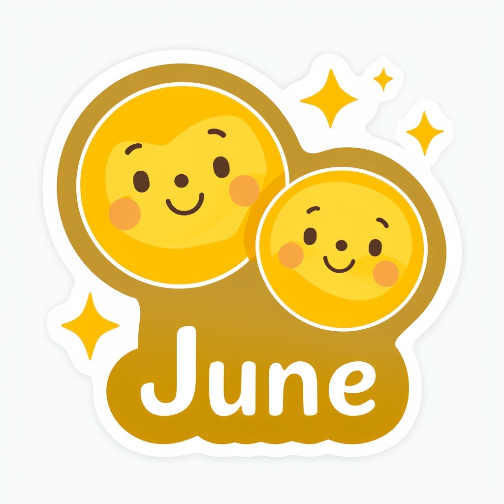 Cheerful Cartoon Faces with Stars and 'June' Text Sticker