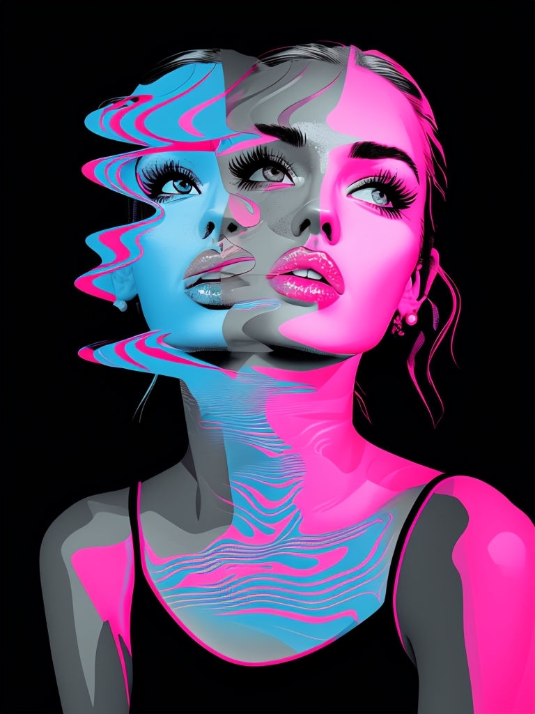 Distorted Pop Art Portrait of Woman with Neon Colors Art