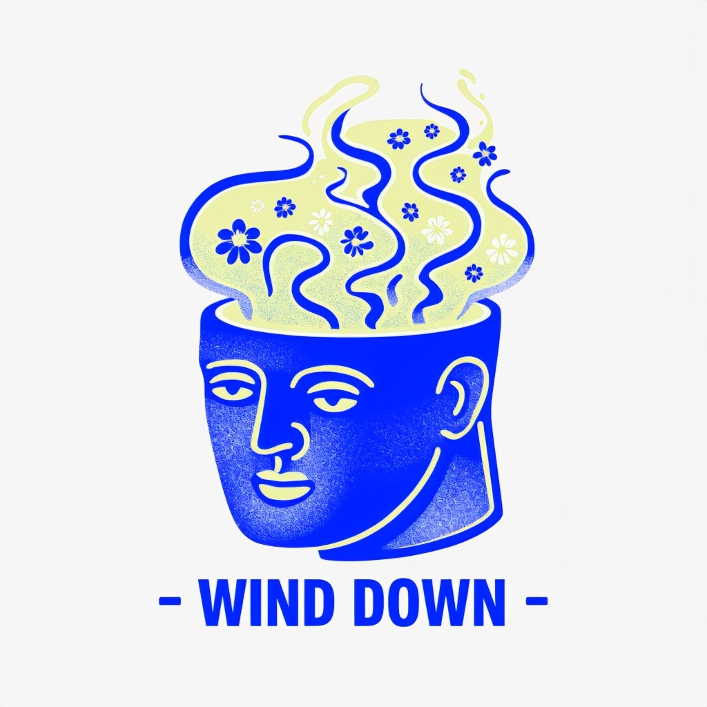 Calm Blue Human Head with Chamomile and Wind Down Text Mug