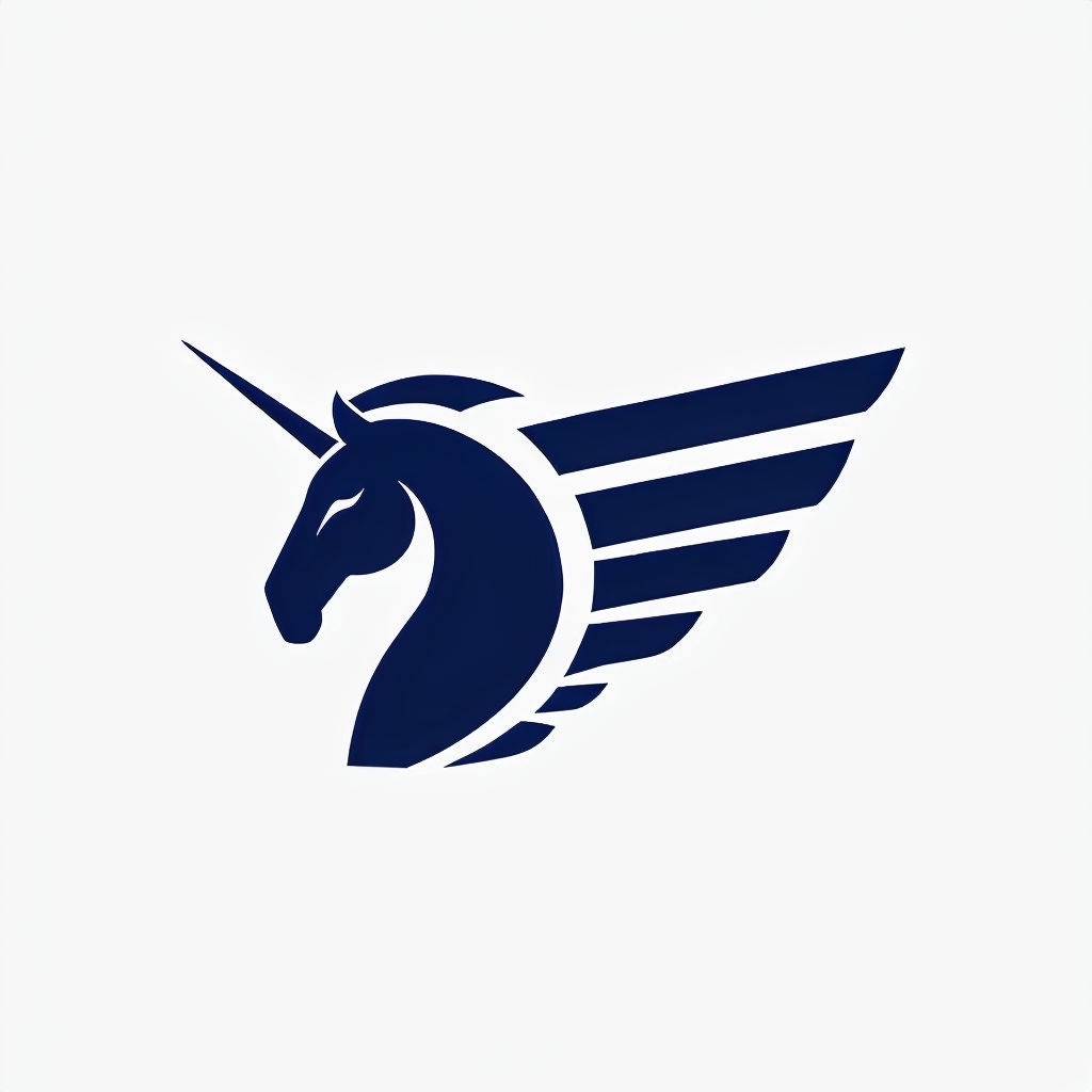 Minimalist Navy Blue Pegasus Logo on White Background