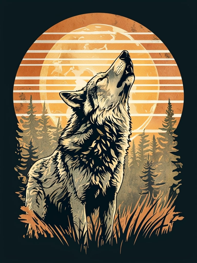 Majestic Wolf Howling at Moon Retro Illustration T-Shirt