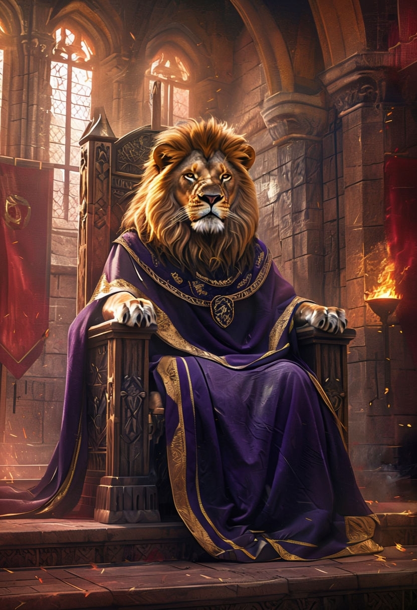 Regal Lion in Royal Attire Sitting on Throne Poster