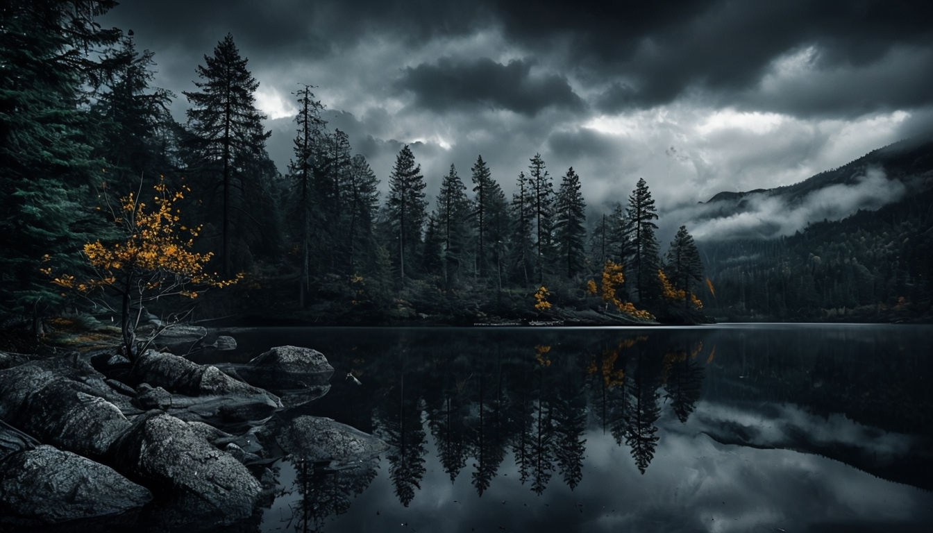 Serene Dark Evergreen Forest Reflection Virtual Background