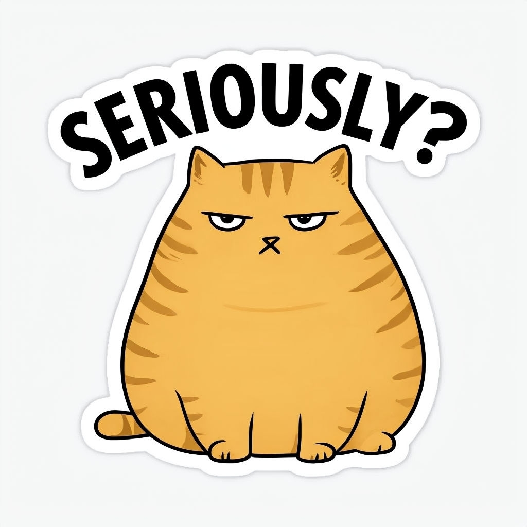 Chubby Orange Tabby Cat with 'SERIOUSLY?' Text Sticker