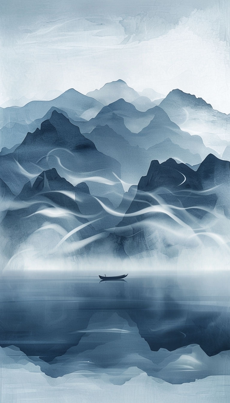 Misty Mountain Landscape with Calm Water and Boat Mobile Wallpaper