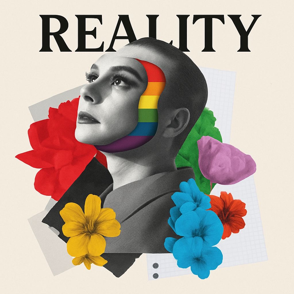 Surreal Grayscale Portrait with Rainbow Elements Album Cover