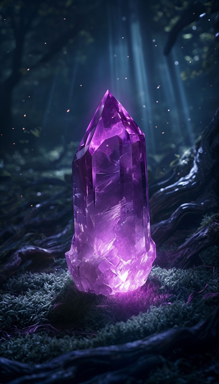 Mystical Amethyst Crystal Illuminated in Enchanted Forest Mobile Wallpaper