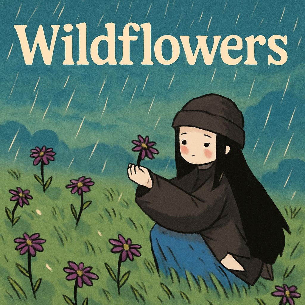 Serene Illustrated Wildflowers Album Cover with Rainy Meadow Scene