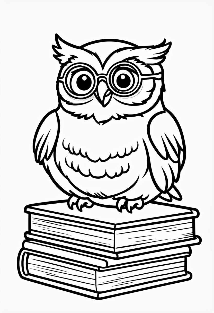 Friendly Owl on Books Black and White Line Drawing Coloring Book Pages