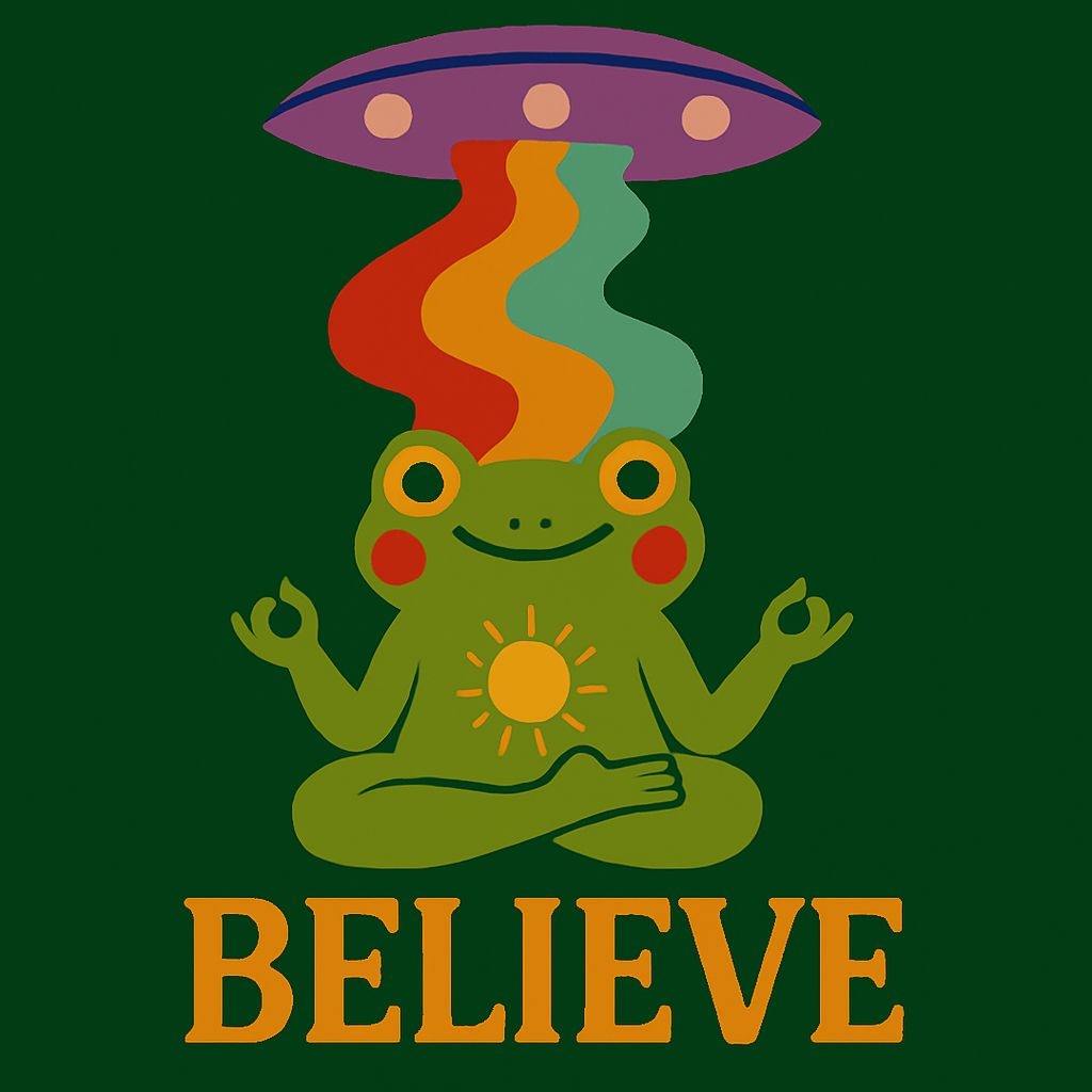 Cheerful Green Frog Meditating with UFO and Believe Text T-Shirt