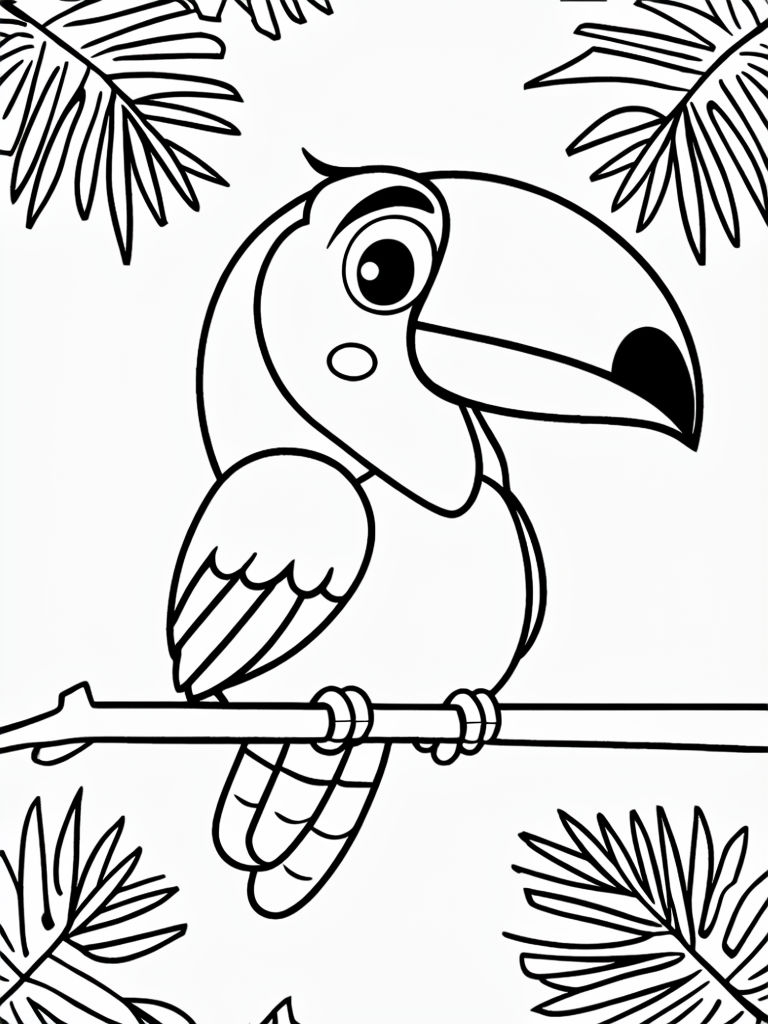 Playful Cartoon Toucan on Branch with Tropical Leaves Coloring Book Pages