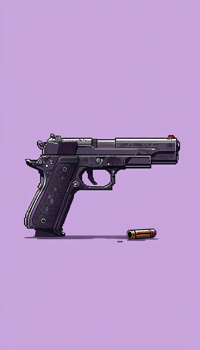 Pixel Art Pistol Illustration on Lavender Background Mobile Wallpaper