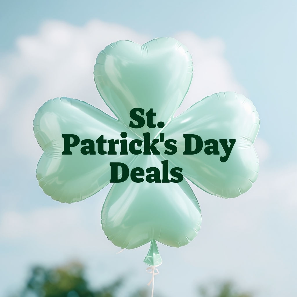 St. Patrick's Day Deals Over Pale Mint Green Clover Balloon Social Media Post