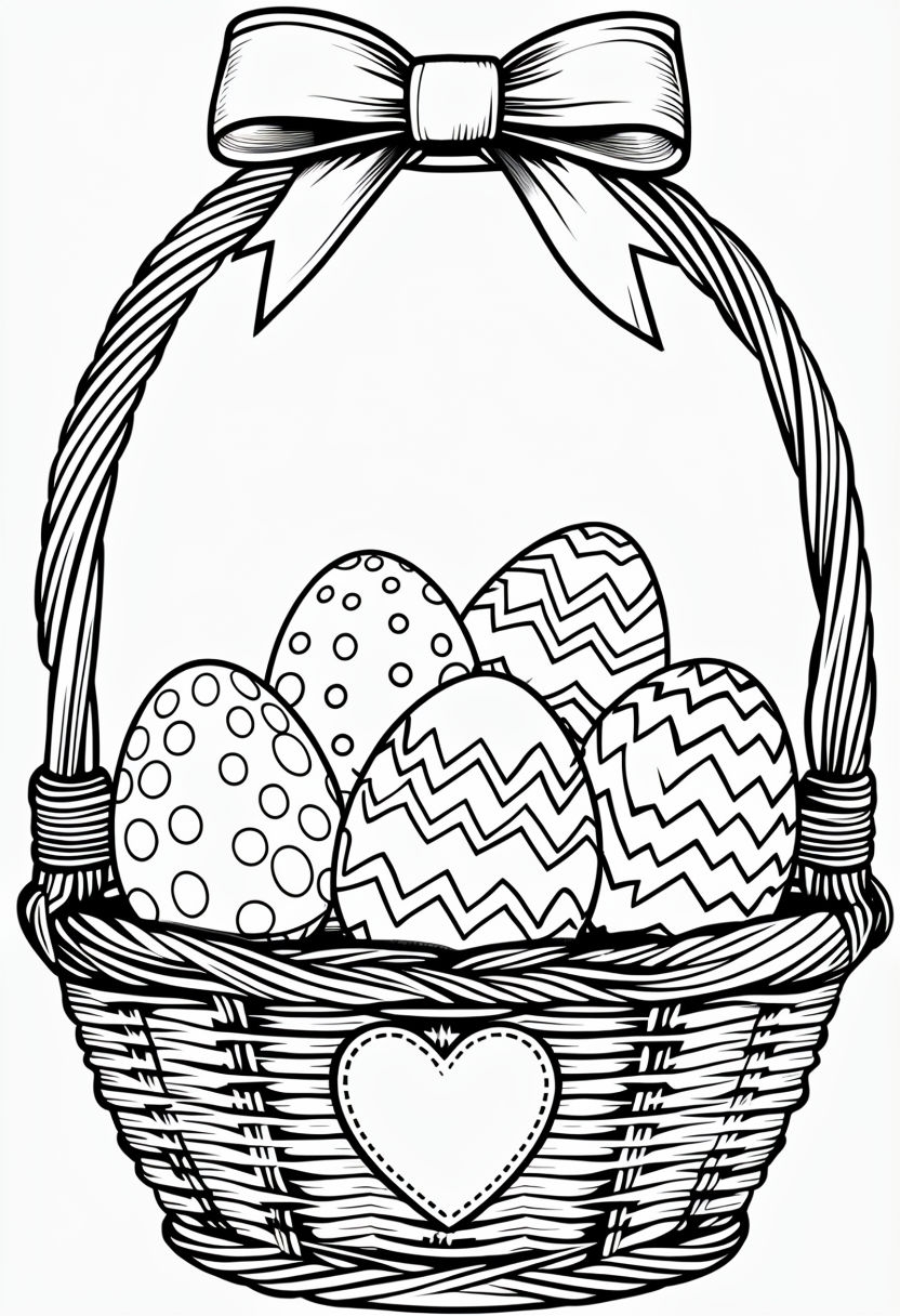 Wicker Basket with Easter Eggs Line Drawing Coloring Book Pages