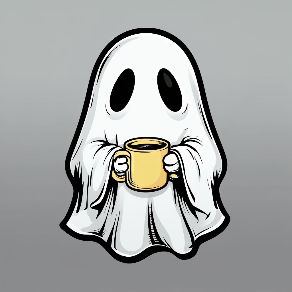 Cute Cartoon Ghost with Coffee Mug Illustration Sticker