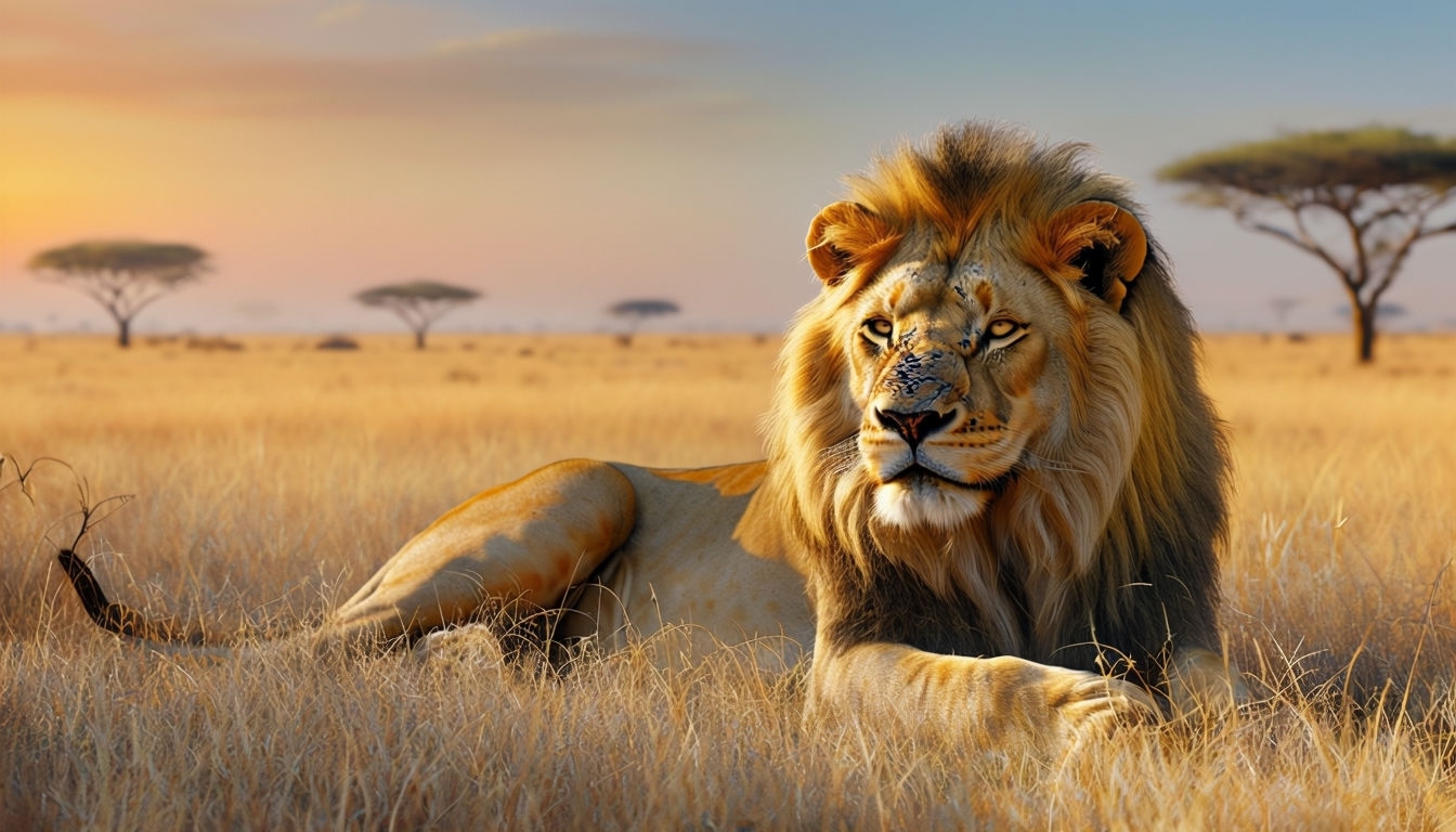 Realistic Male Lion in Golden Grass African Savanna Background Virtual Backgrounds