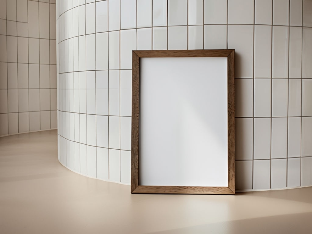 Minimalist Framed White Artwork Against Curved Wall Mockup