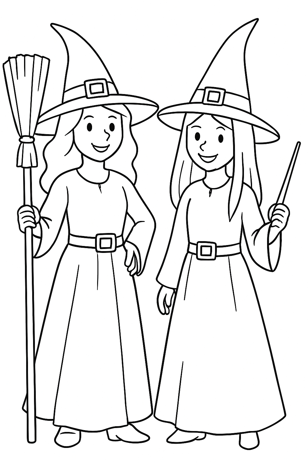 Friendly Cartoon Witches Line Drawing for Coloring Book Pages