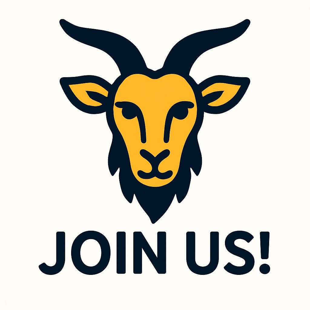 Stylized Minimalist Goat Head Illustration with Join Us Text Sticker