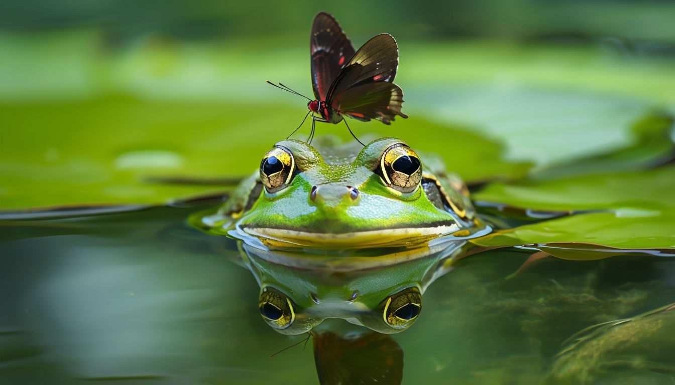 Serene Green Frog and Butterfly Nature Scene Virtual Background