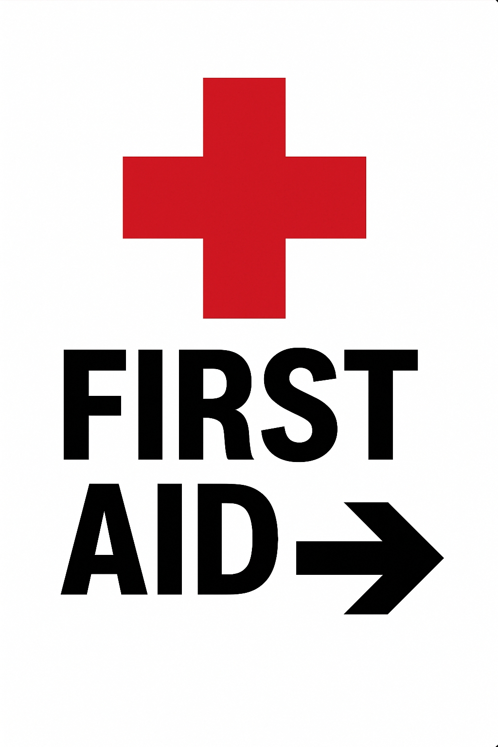 Bold Minimalist First Aid Sign with Red Cross and Arrow Design Event Sign