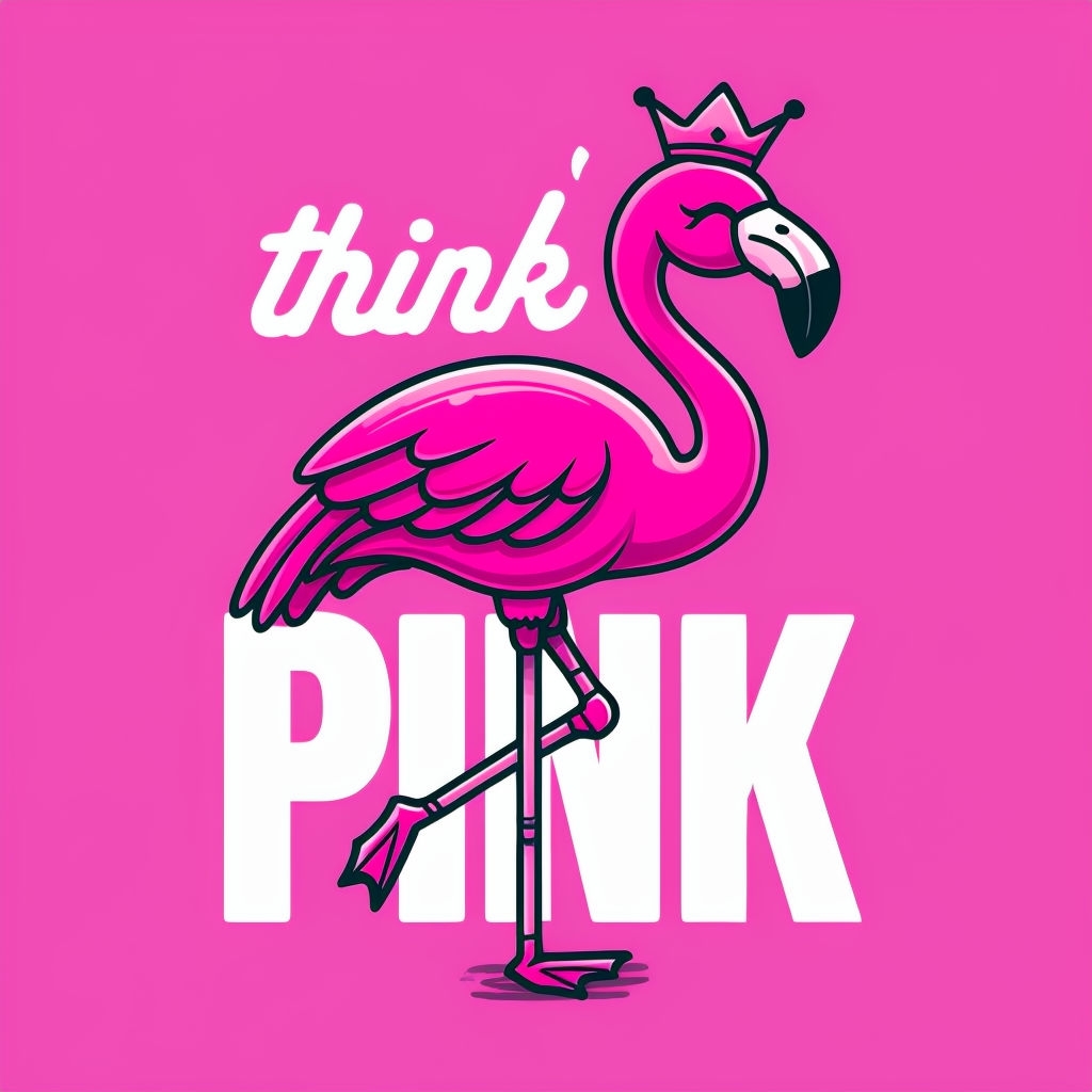 Cheerful Cartoon Flamingo with 'Think Pink' Typography T-Shirt