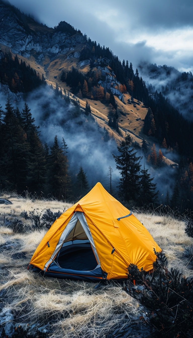 Serene Mountain Landscape with Vibrant Yellow Tent Mobile Wallpaper