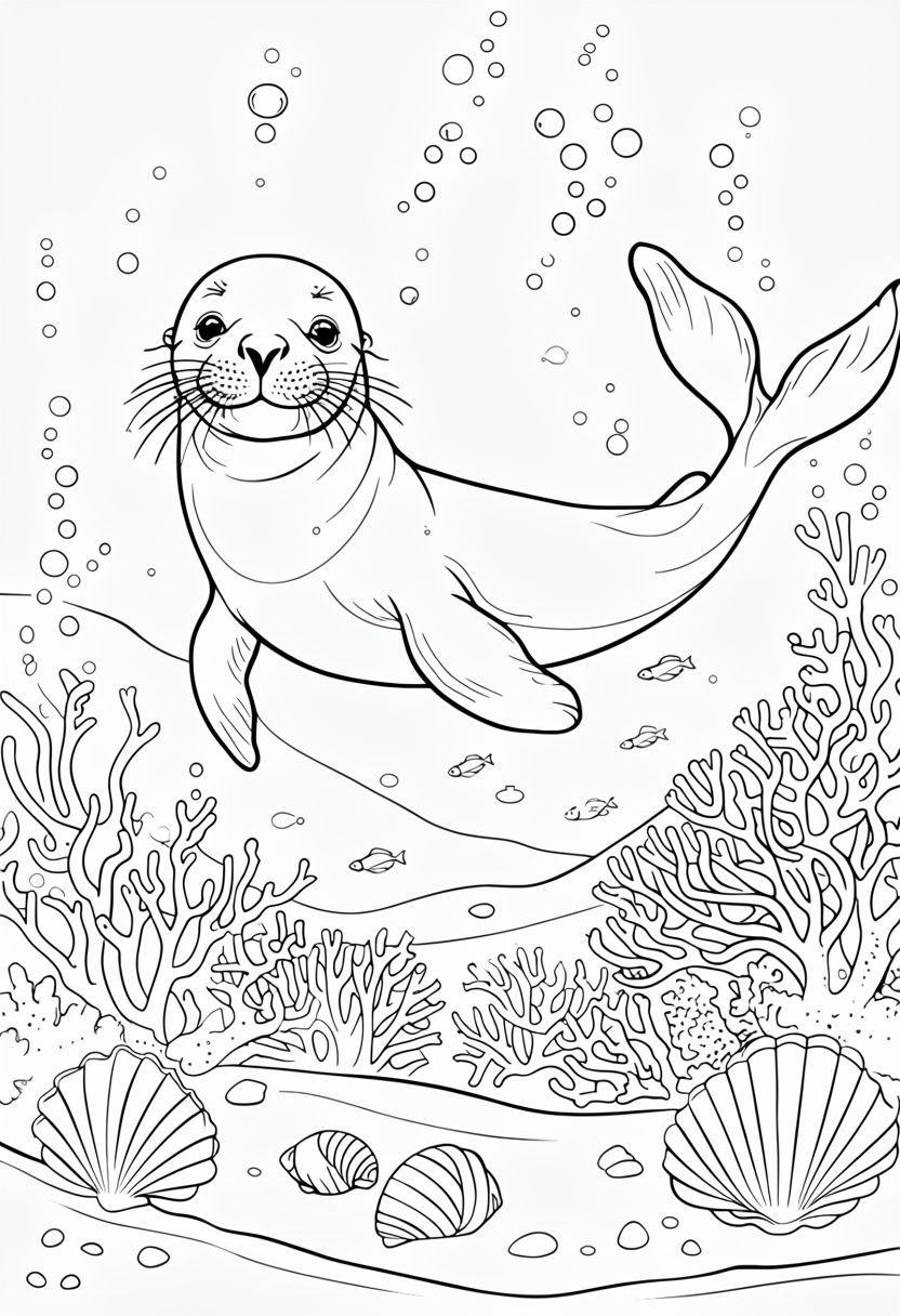 Whimsical Underwater Seal Swimming with Coral Coloring Page