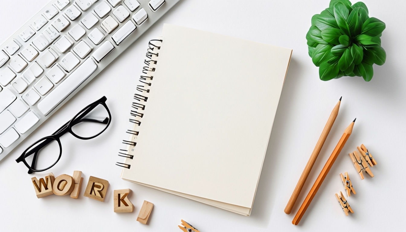 Minimalist Workspace Flat Lay with Notepad and Plants Mockup