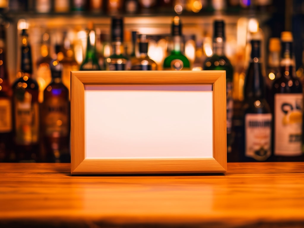 Warm Wooden Bar Counter with Framed Sign Mockup