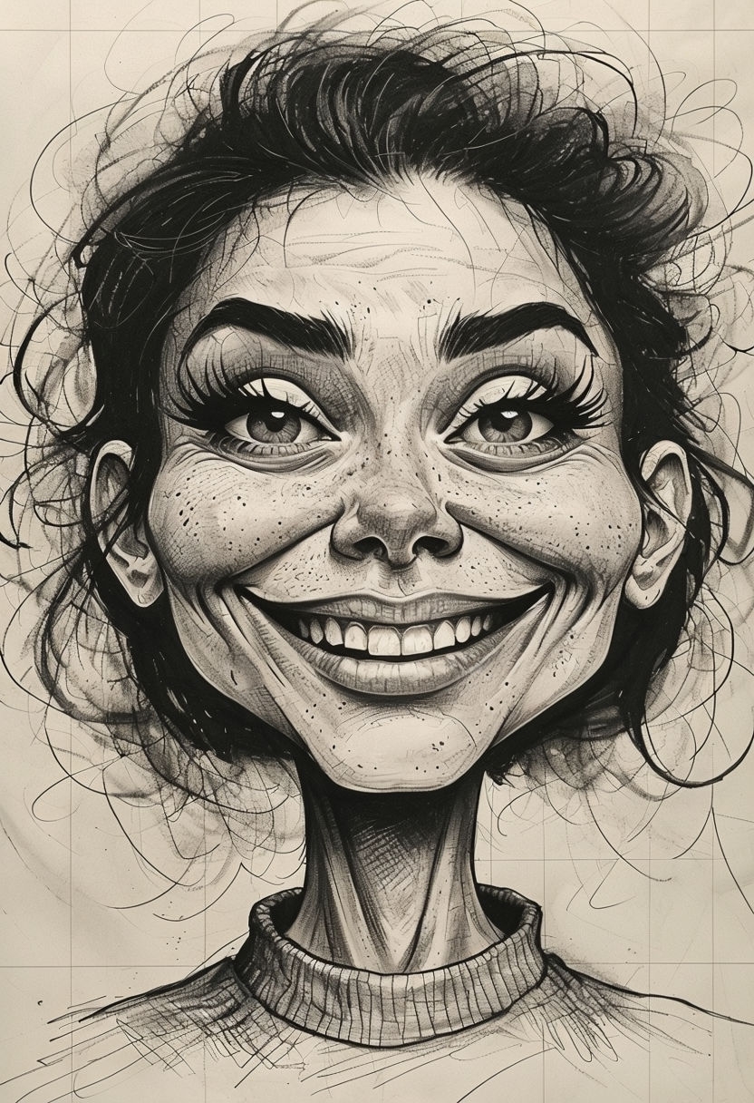 Exaggerated Black-and-White Caricature of a Woman's Face Art