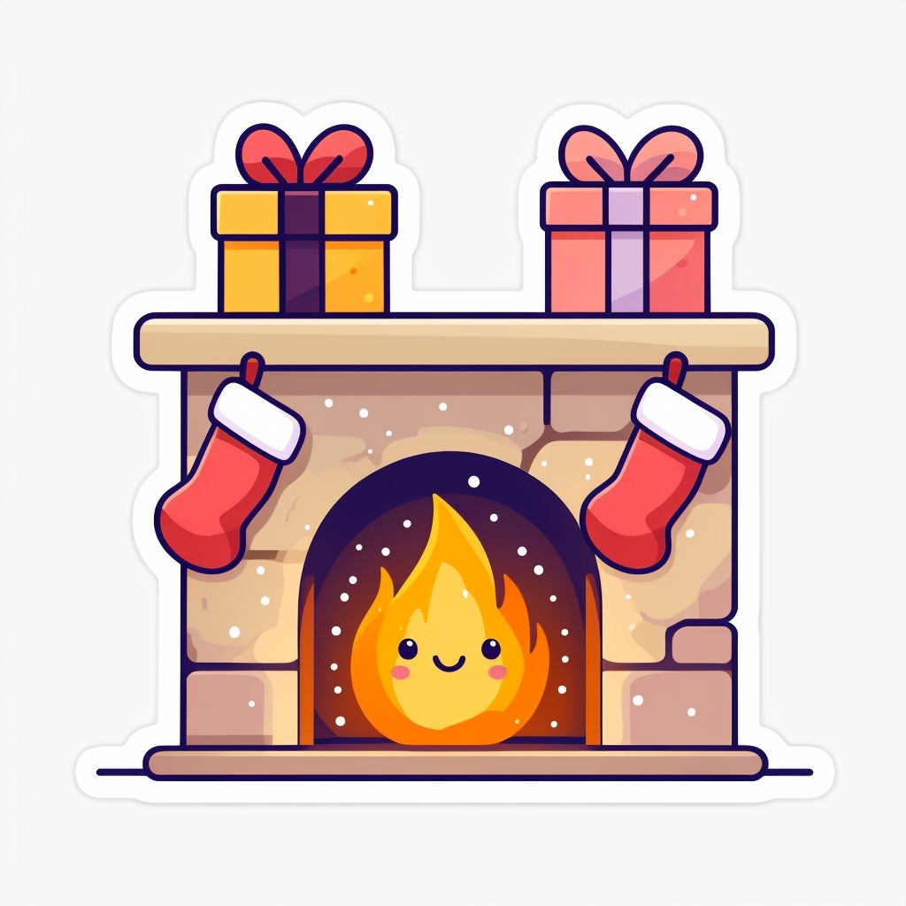 Festive Cartoon Fireplace with Smiling Flame and Stockings Sticker