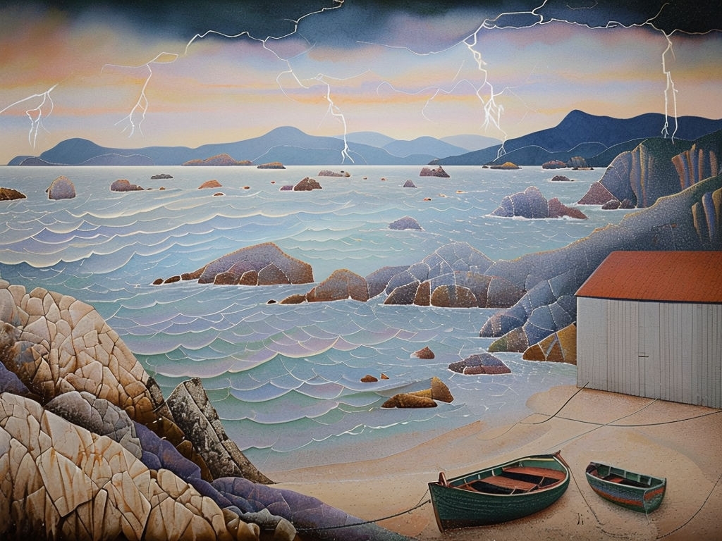 Gloomy Coastal Landscape Pointillist Painting with Stormy Atmosphere Art