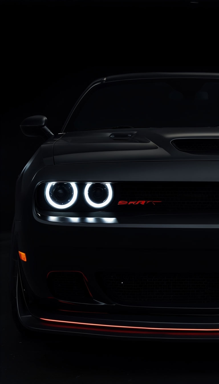 Sleek Black Muscle Car with Illuminated Headlights Mobile Wallpaper