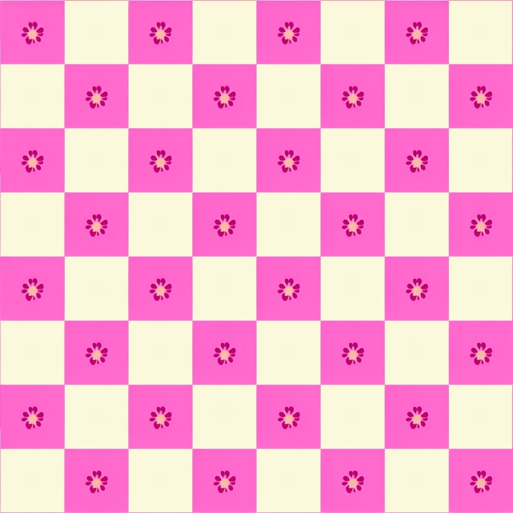 Playful Pink and Cream Flower Checkered Pattern Seamless Pattern