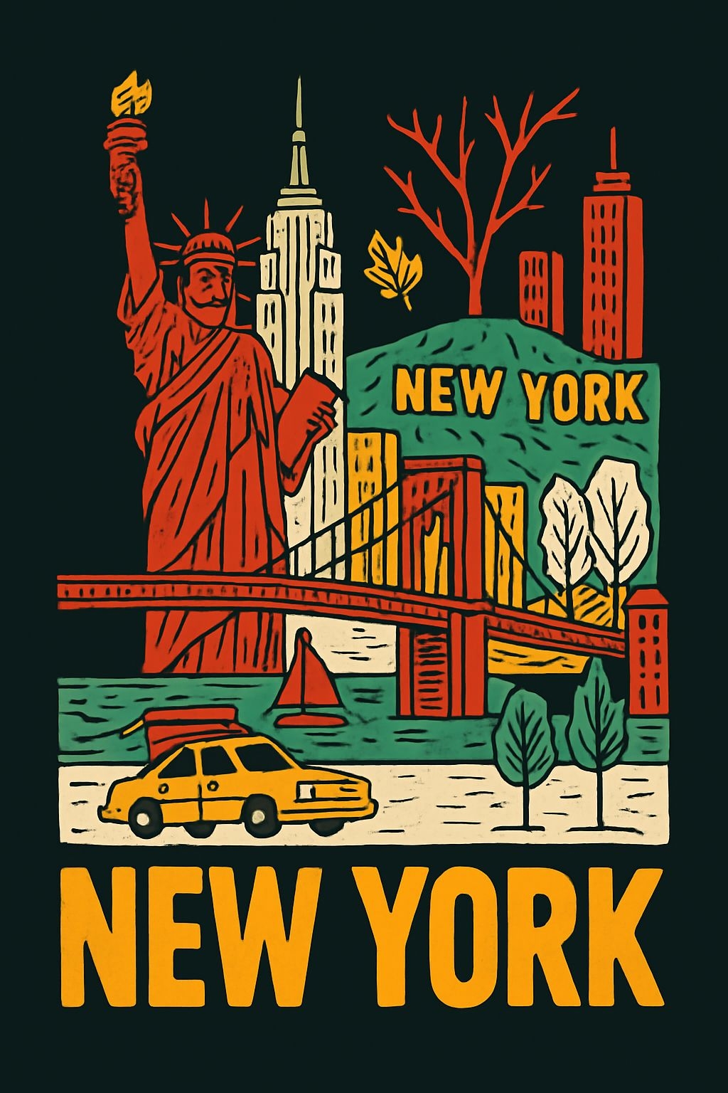 Vintage New York Landmarks Cartoon Illustration T-Shirt