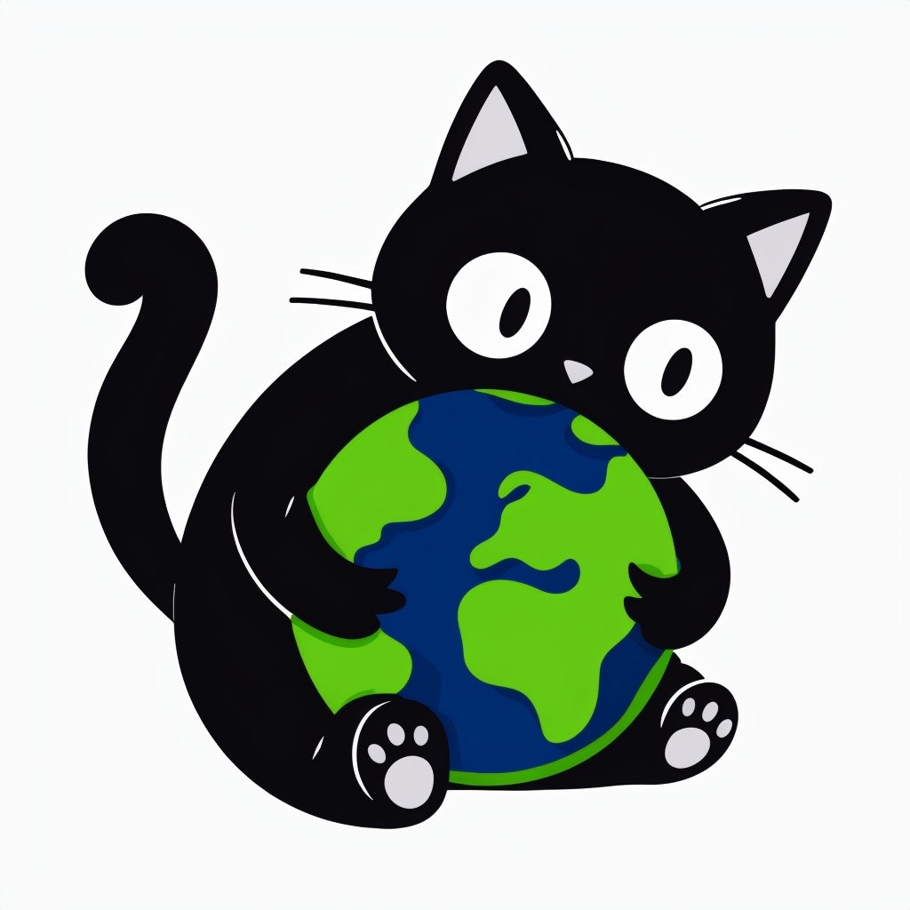 Cute Black Cat Hugging Earth Cartoon Sticker