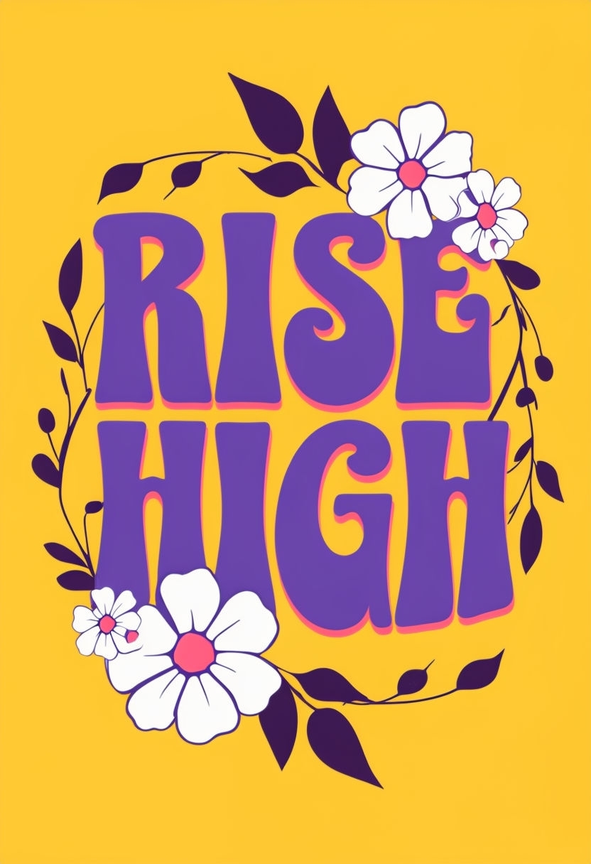 Vibrant RISE HIGH Retro Typography with Floral Motifs Poster