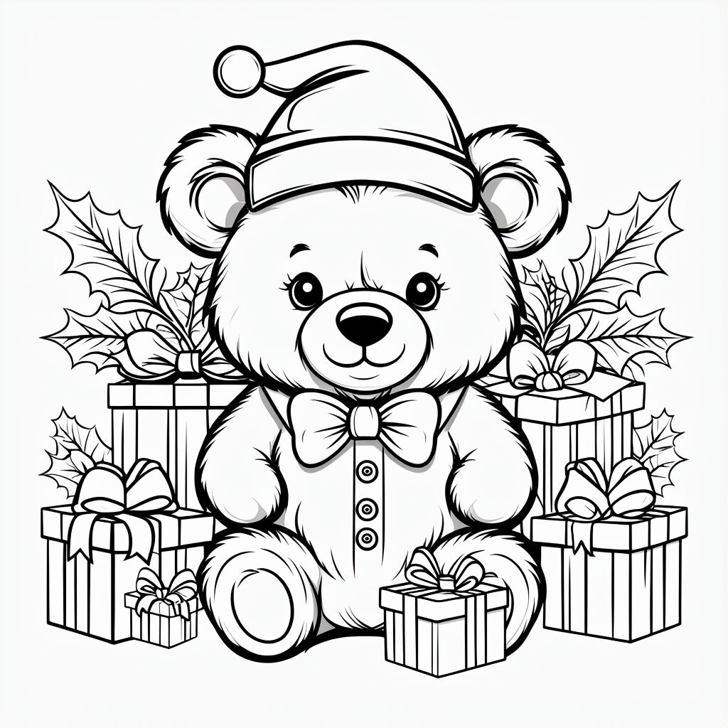 Cute Teddy Bear in Santa Hat and Presents Coloring Page