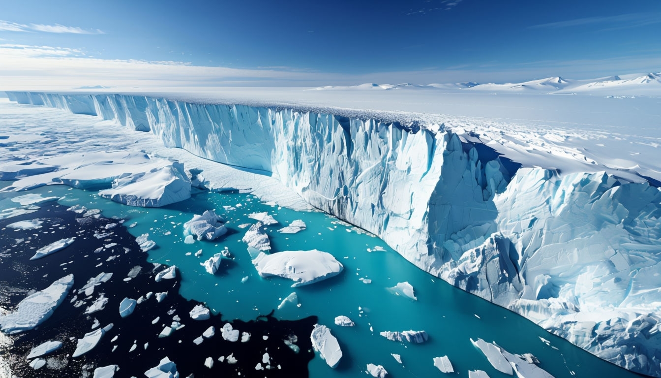 Majestic Aerial Ice Shelf Over Pristine Ocean Virtual Background